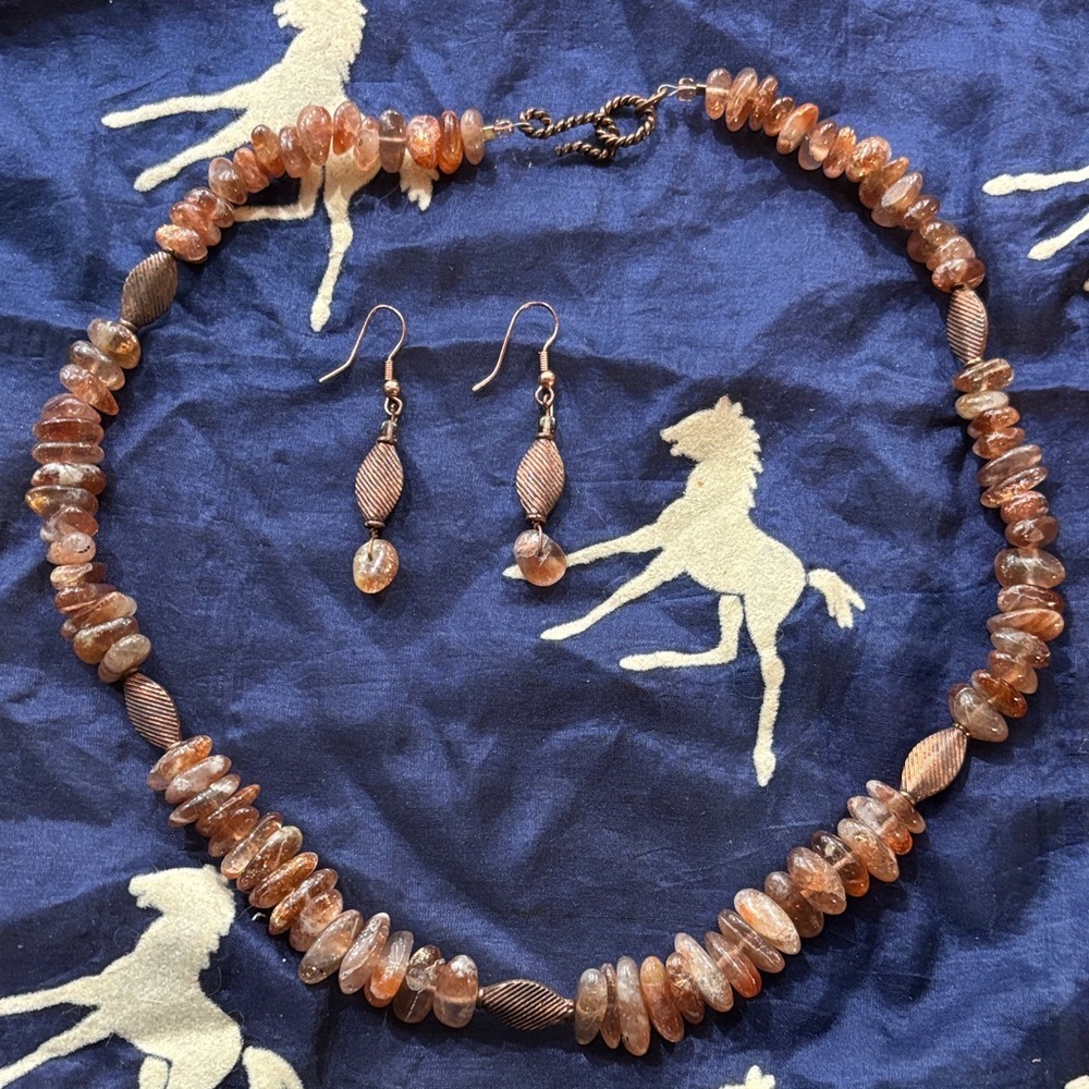 Vintage Sunstone Nugget Bead Natural Shimmery Golden Gem Necklace & Earrings